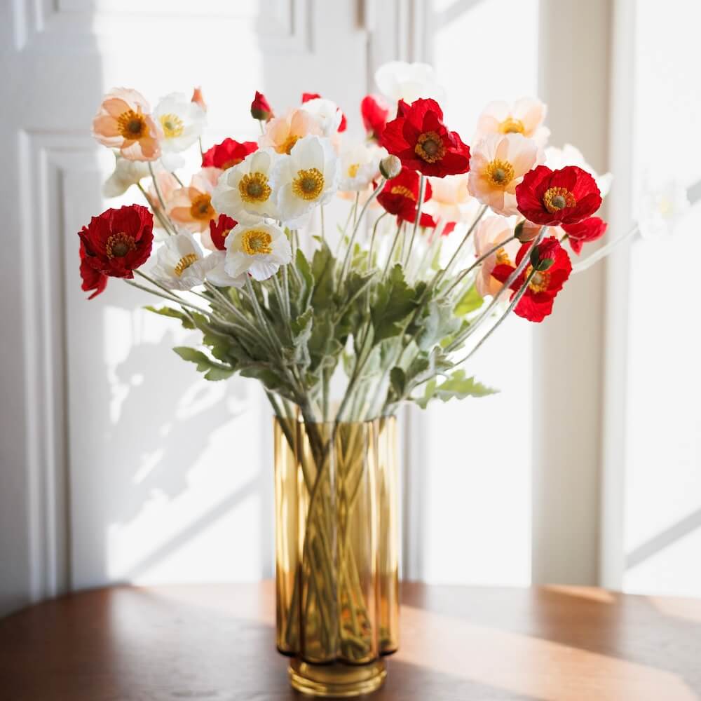 Flowrette Pavots bouquet artificiel corail rouge blanc