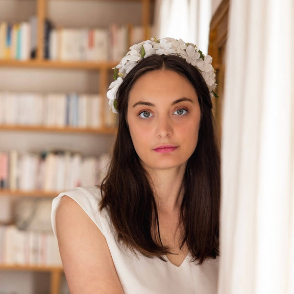Flowrette Fleurs en papier serre-tête blanc vert mariage métal