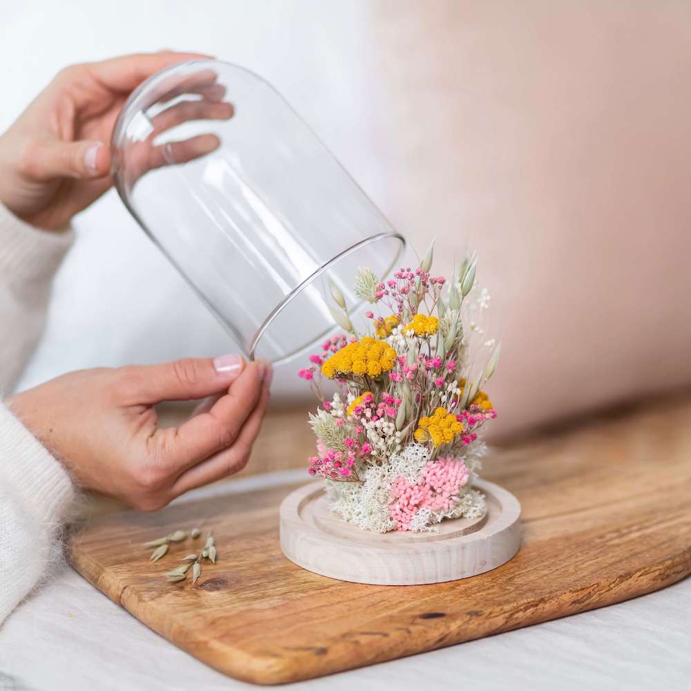 Flowrette Côme cloche fleurs séchées rose pastel
