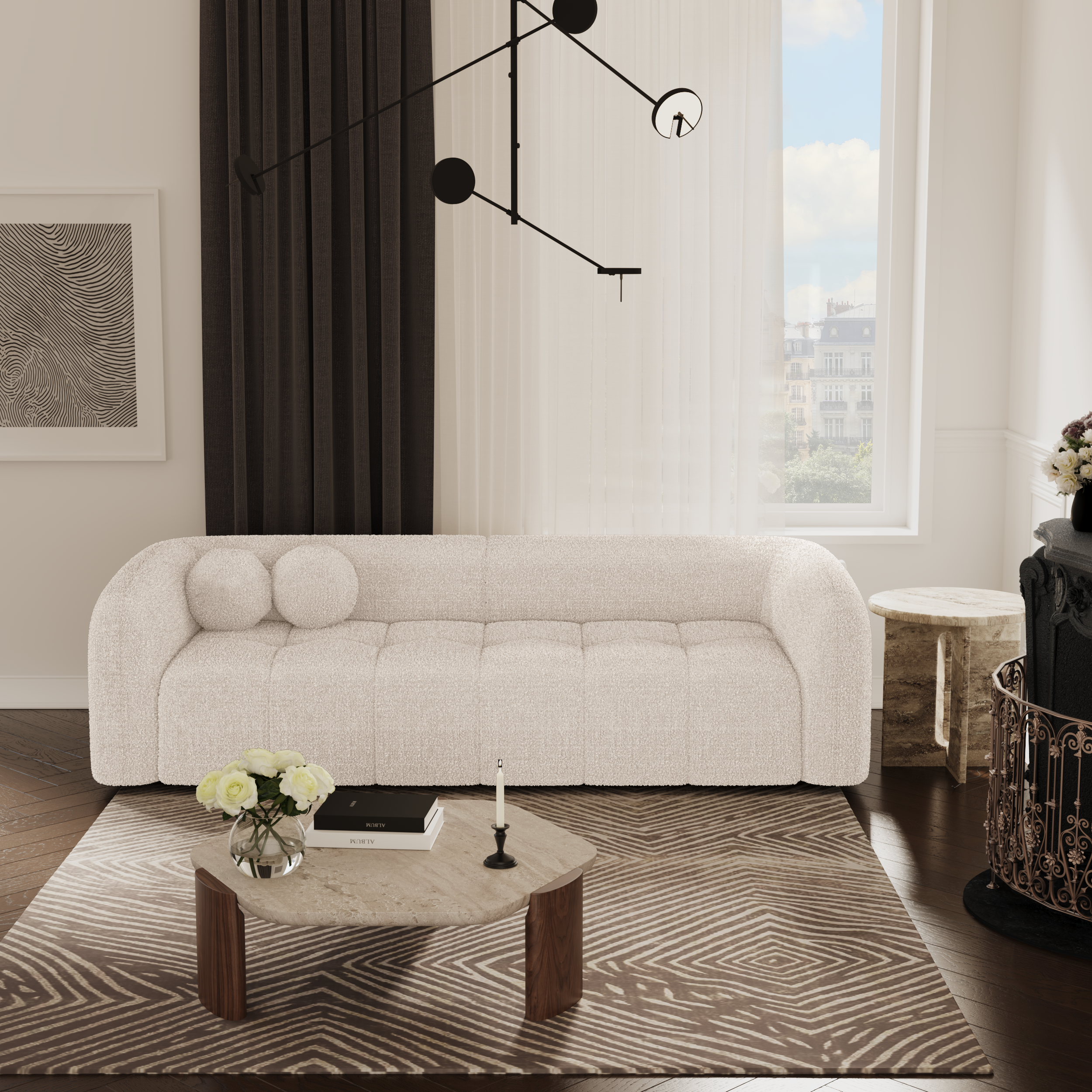 Sia Haussmann canapé crème courbes arrondies coussins boules