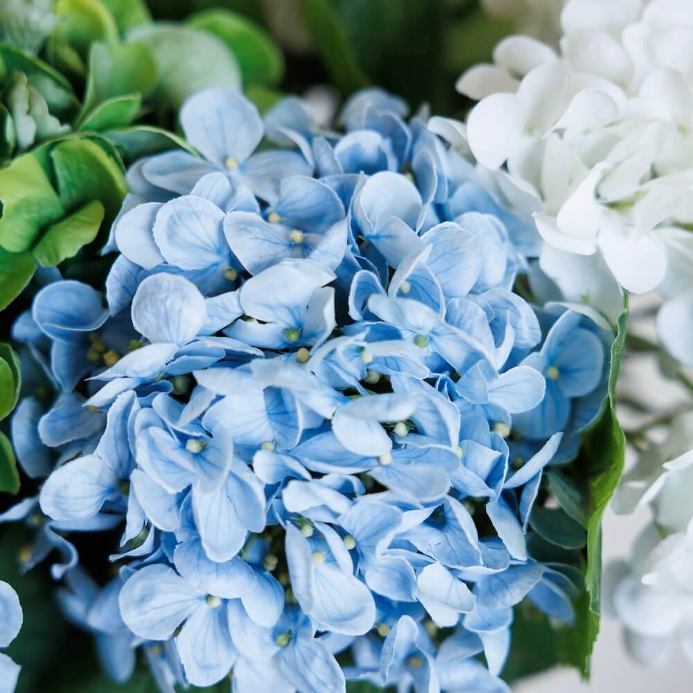 Flowrette hortensias bouquet fleurs artificielles bleu vert blanc