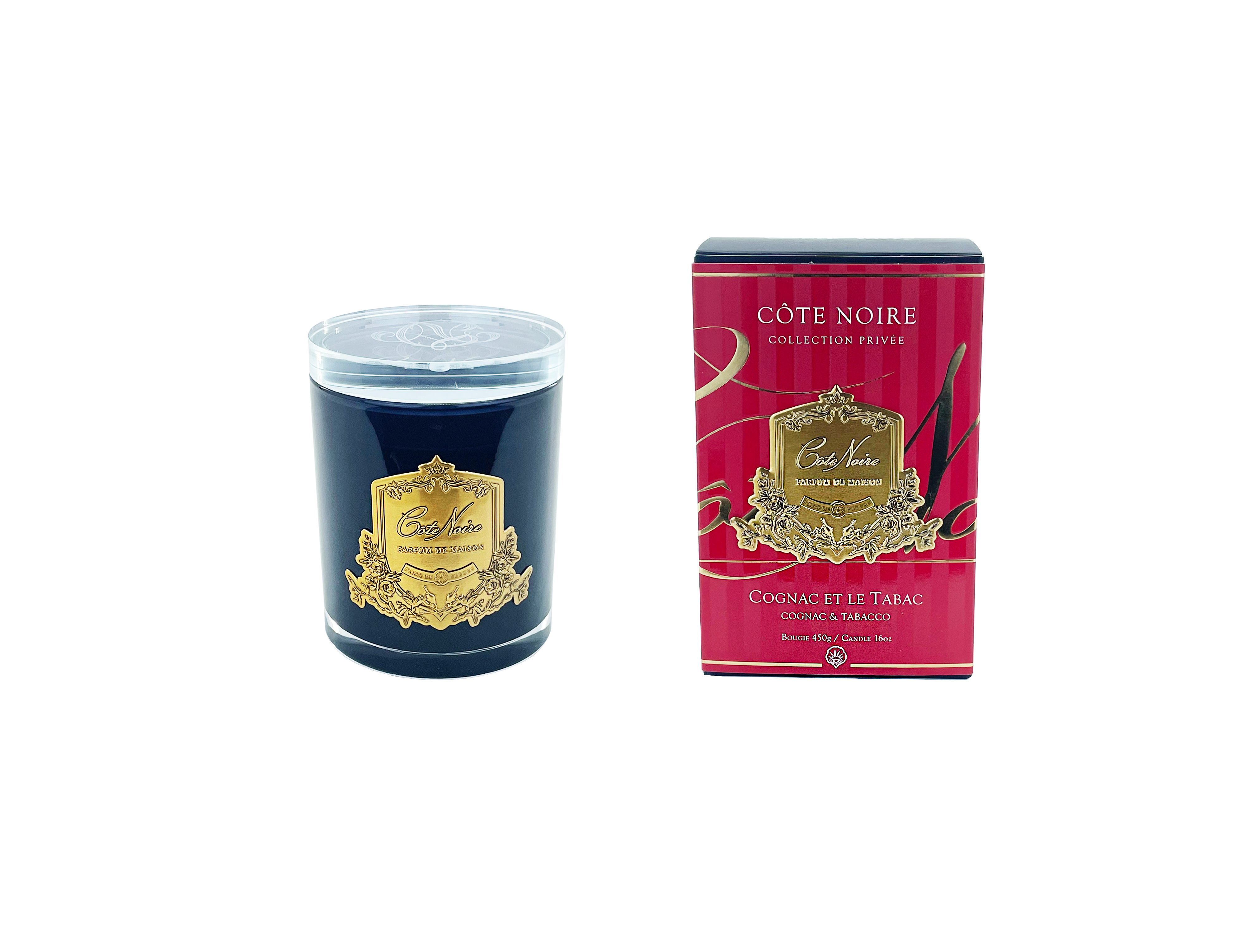 Côte Noire bougie cognac tabac cire soja 450g verre noir