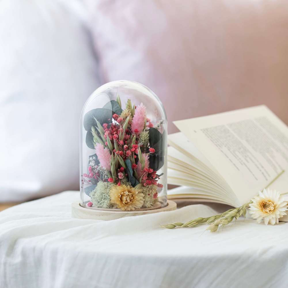 Flowrette Hector cloche fleurs séchées rose blanc champêtre