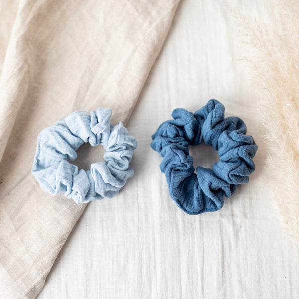 Flowrette Duo scrunchies bleus chouchou coton lin maxi lot 2