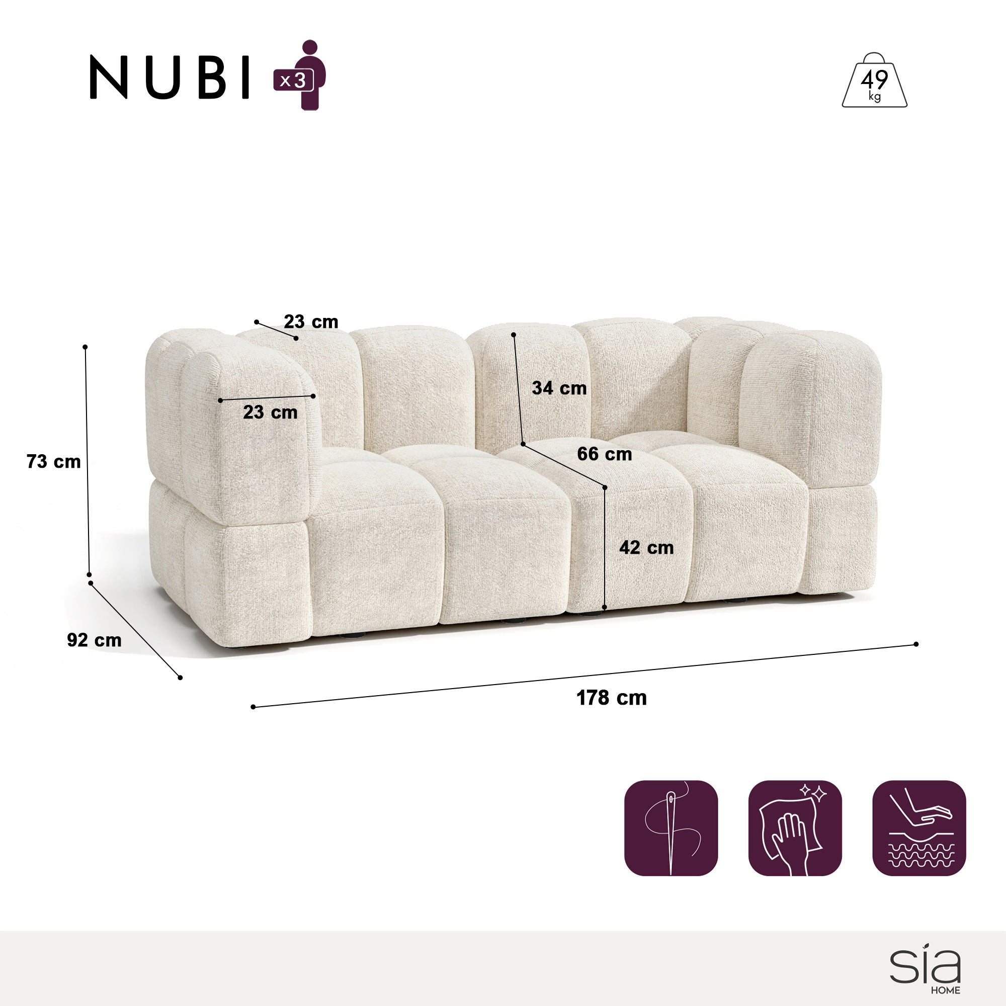 Sia Home Nubi canapé modulable 178 cm mousse ressorts
