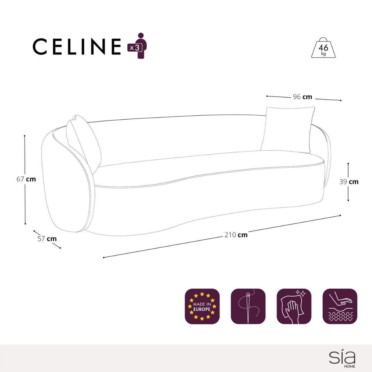 Sia Home Céline canapé droit crème courbes arrondies