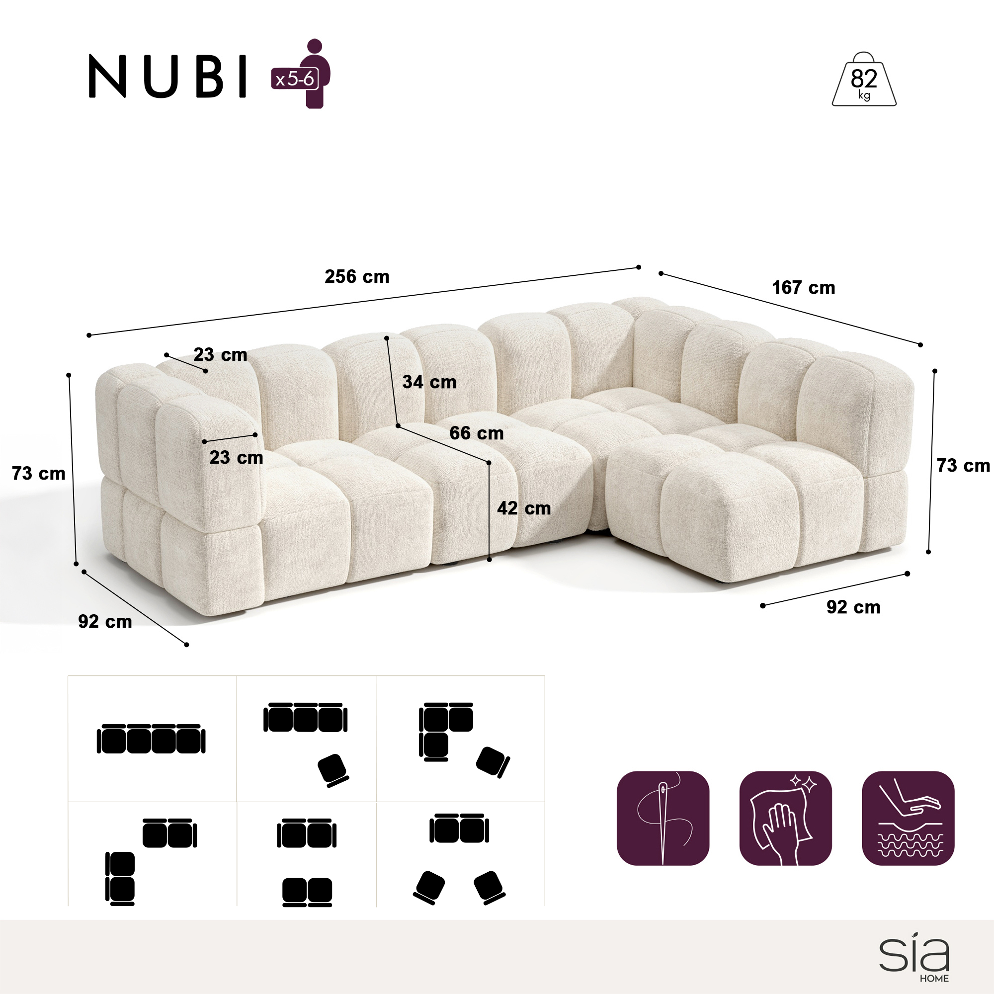 Sia Home Nubi Canapé angle droit modulable 256 cm