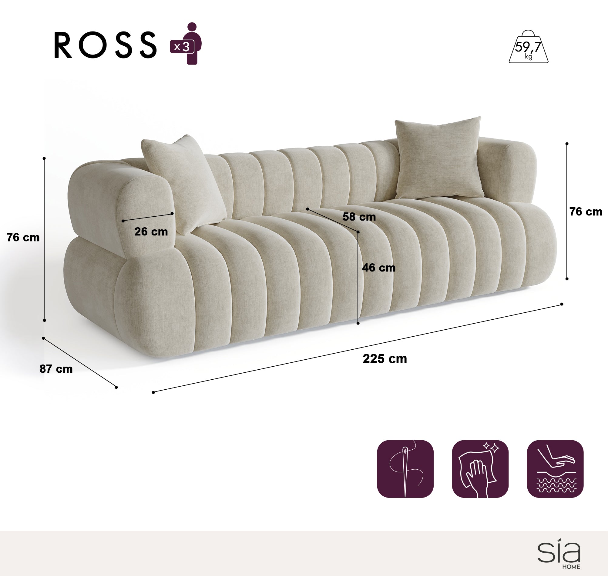 Sia Home Ross canapé droit capitonné crème