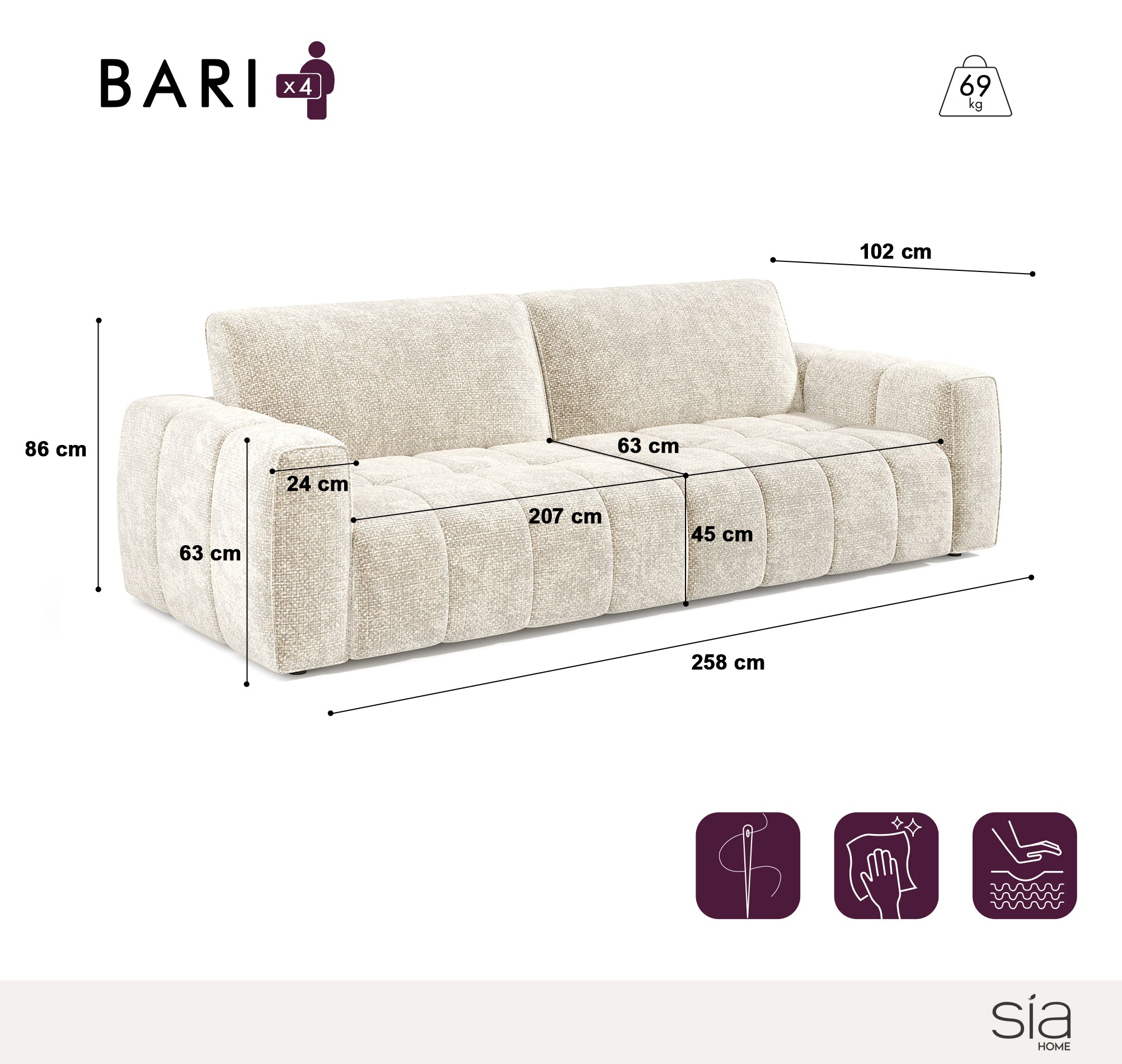 Sia Home Bari ensemble canapé et pouf capitonné