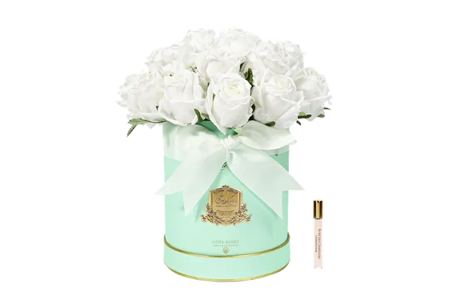 Côte Noire Hat Box bouquet 23 roses ivoire 30cm