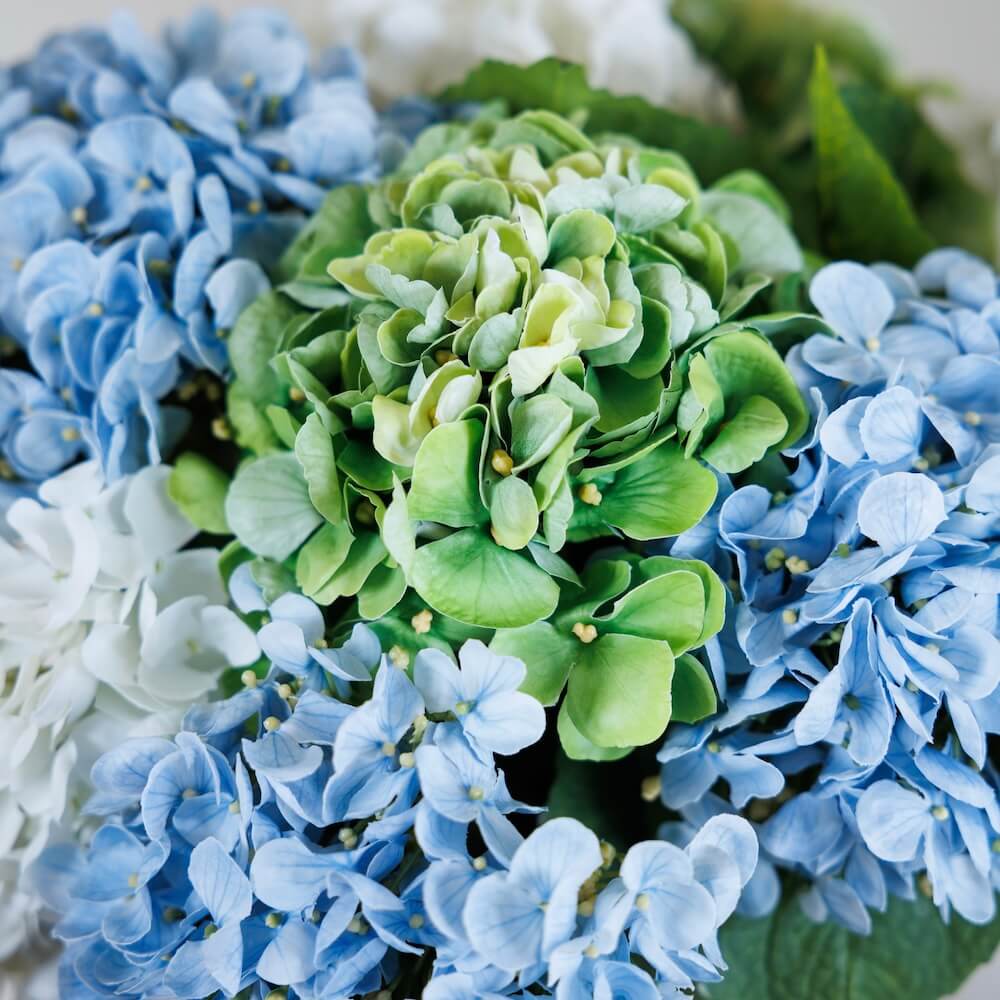 Flowrette hortensias bouquet fleurs artificielles bleu vert blanc