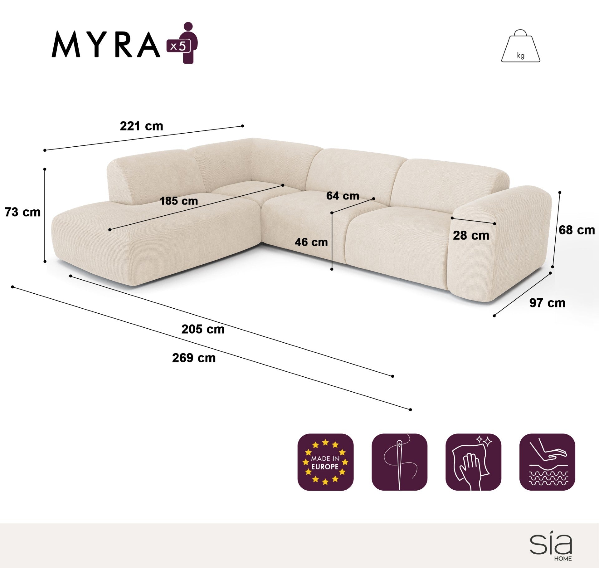 Sia Home Myra canapé angle gauche méridienne arrondi