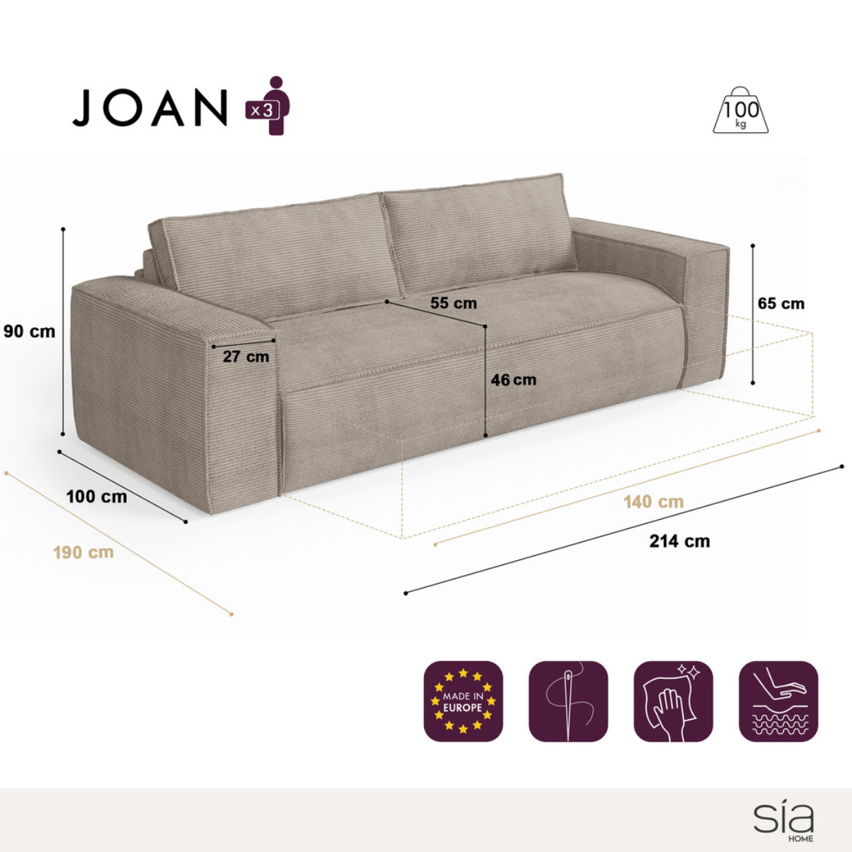 Sia Home Joan canapé convertible 140 cm crème matelas