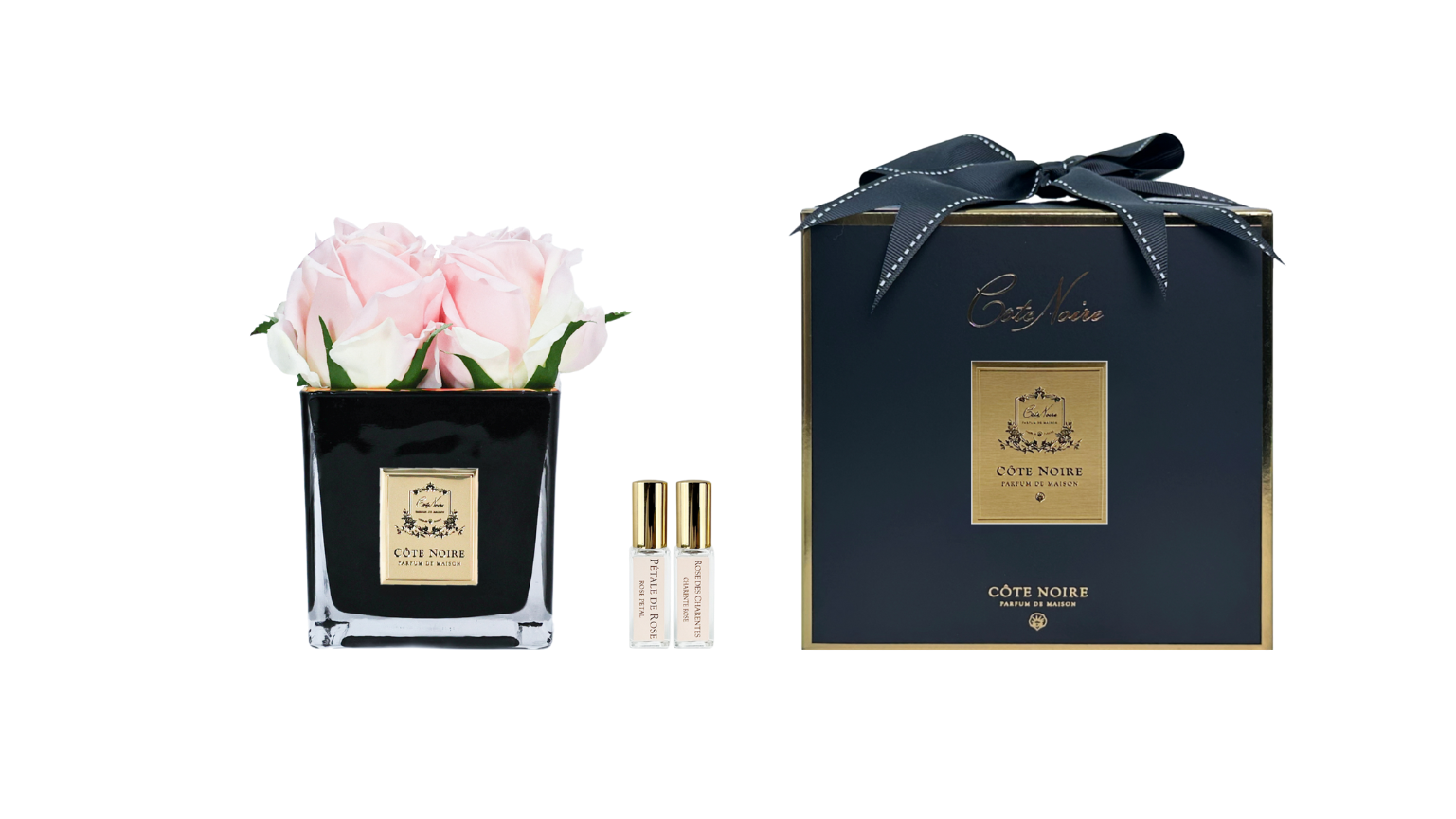 Côte Noire Couture Rosebuds 4 roses champagne vase noir