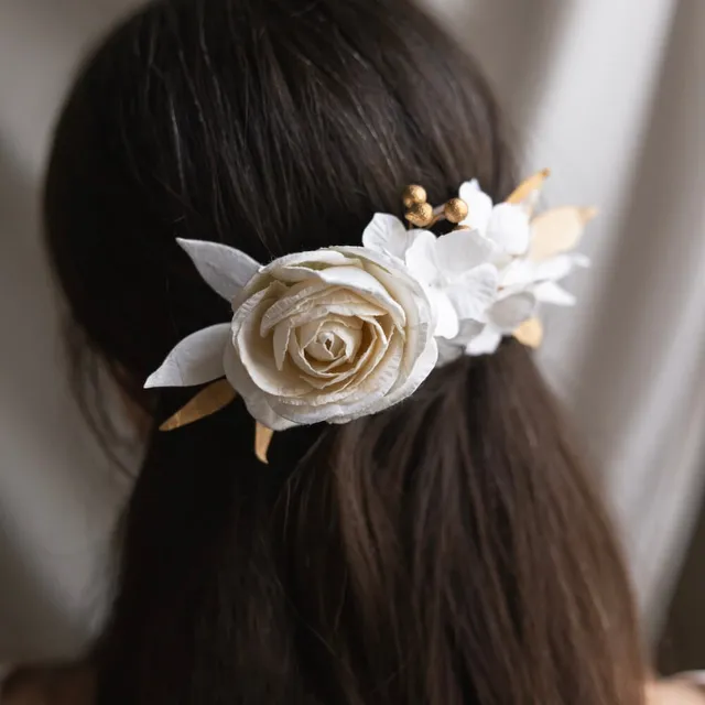 Flowrette Peigne fleurs papier blanc doré rose