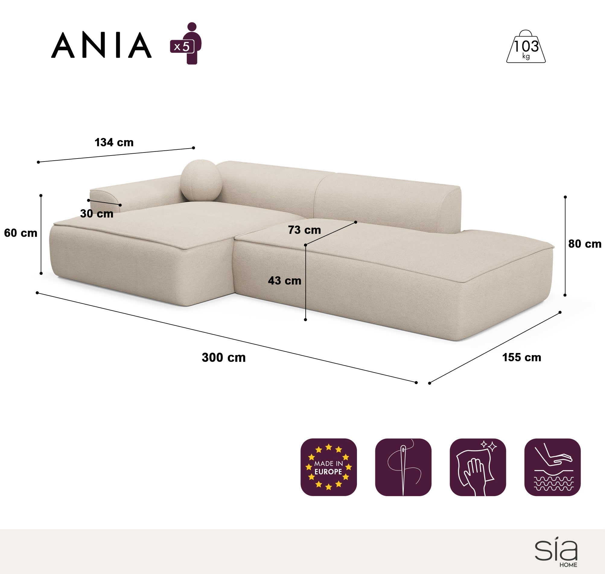Sia Home Ania canapé angle gauche crème spacieux