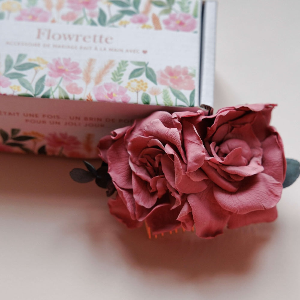 Flowrette Garance peigne mariage fleurs stabilisées rose blanc