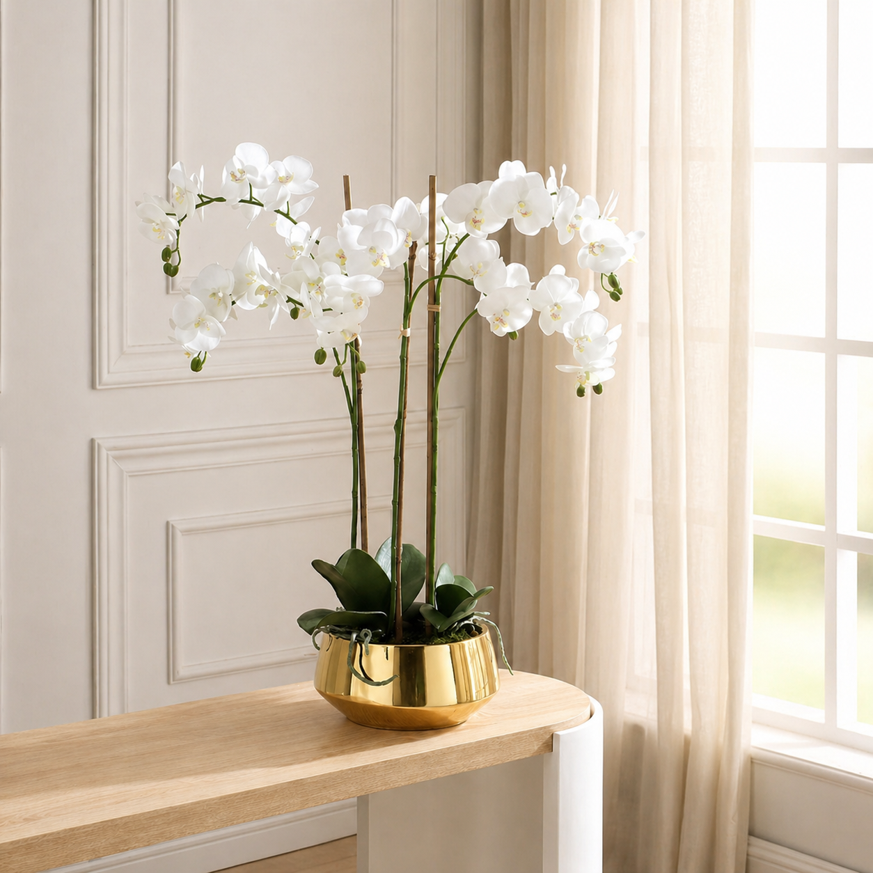 Sia Lena composition orchidée artificielle blanc vase doré
