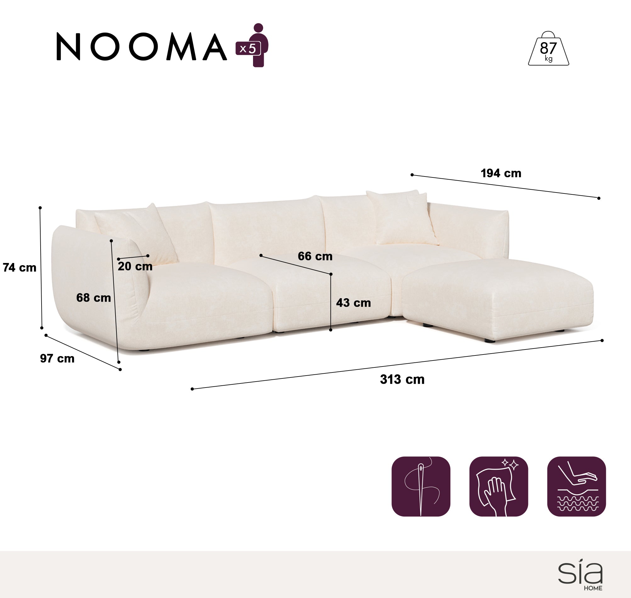 Sia Home Nooma canapé d'angle modulable 5-6 places