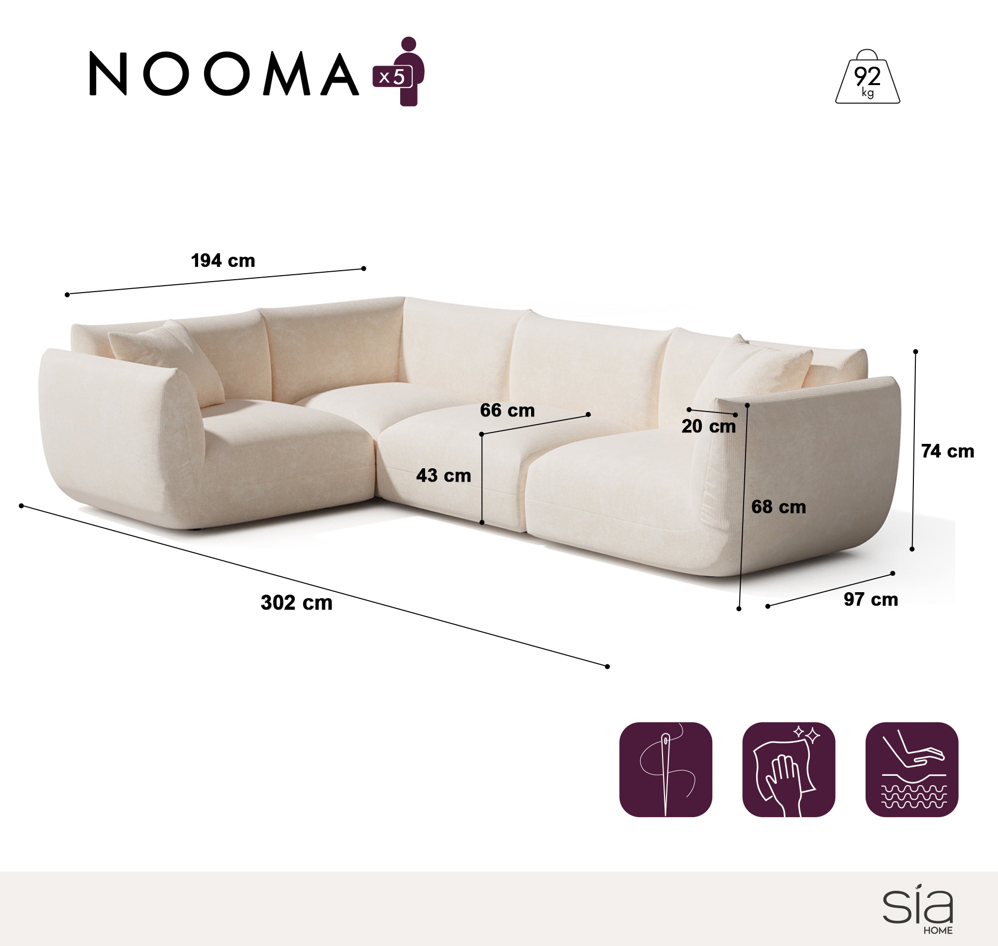 Sia Home Nooma canapé angle gauche modulable 5-6 places