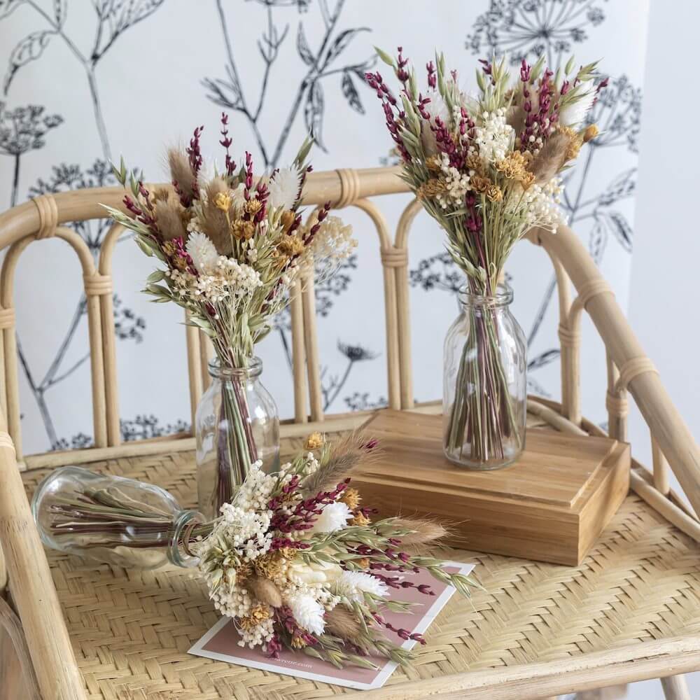 Flowrette Rivoli trio petits bouquets fleurs séchées +vases