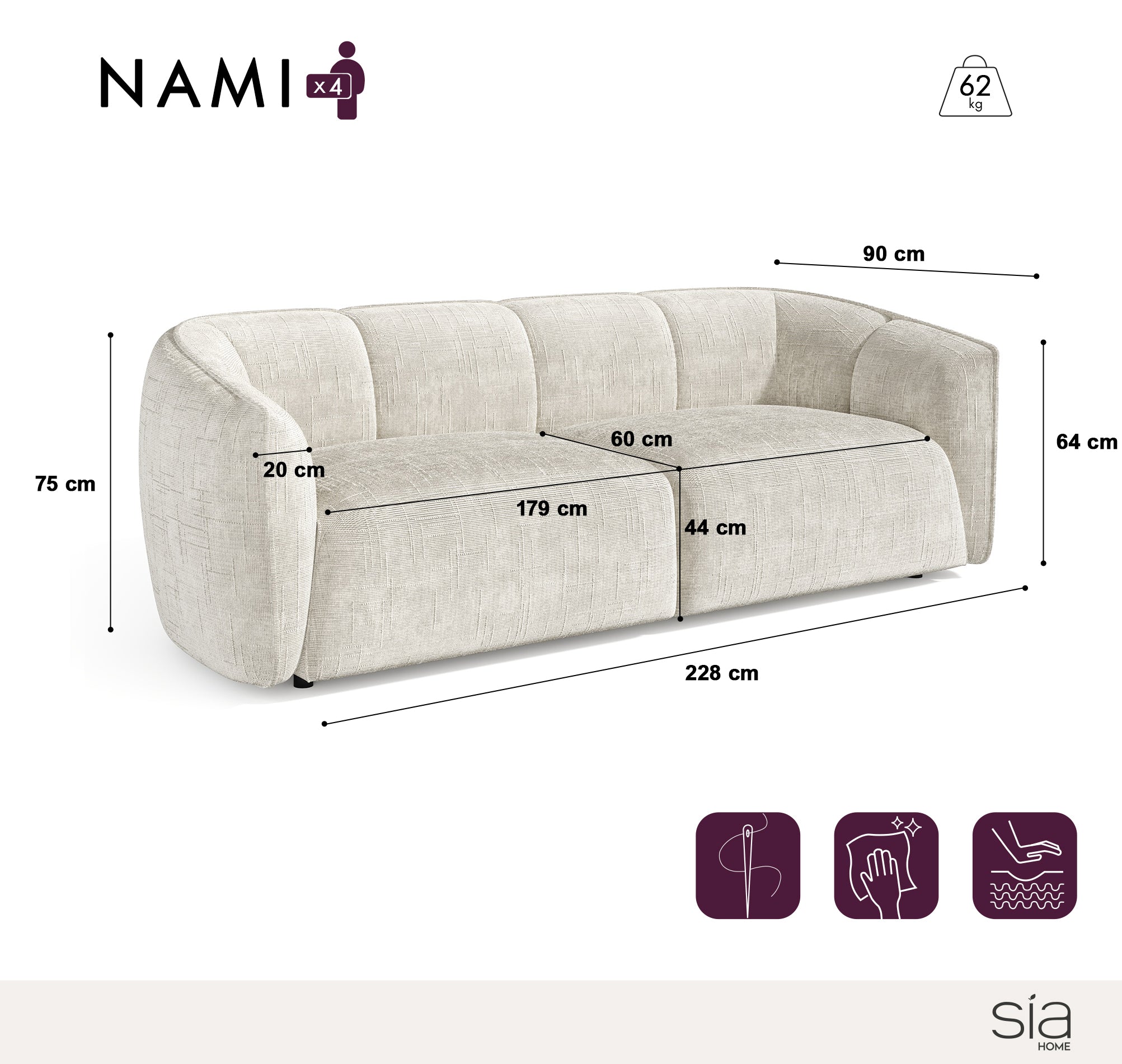 Sia Home Nami canapé droit 4 places crème tissu