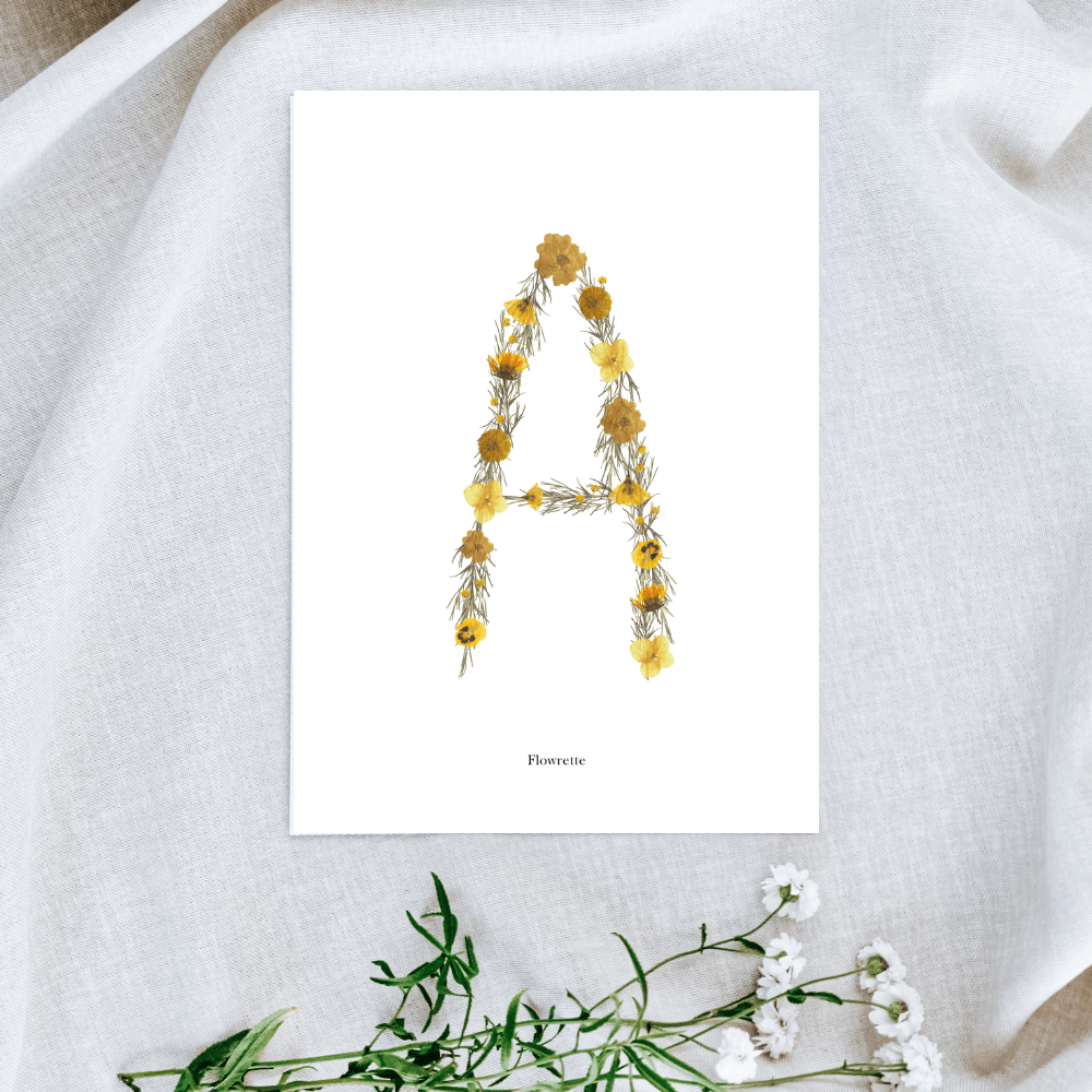 Flowrette Herbier affiche lettre jaune A5 fleurs naissance