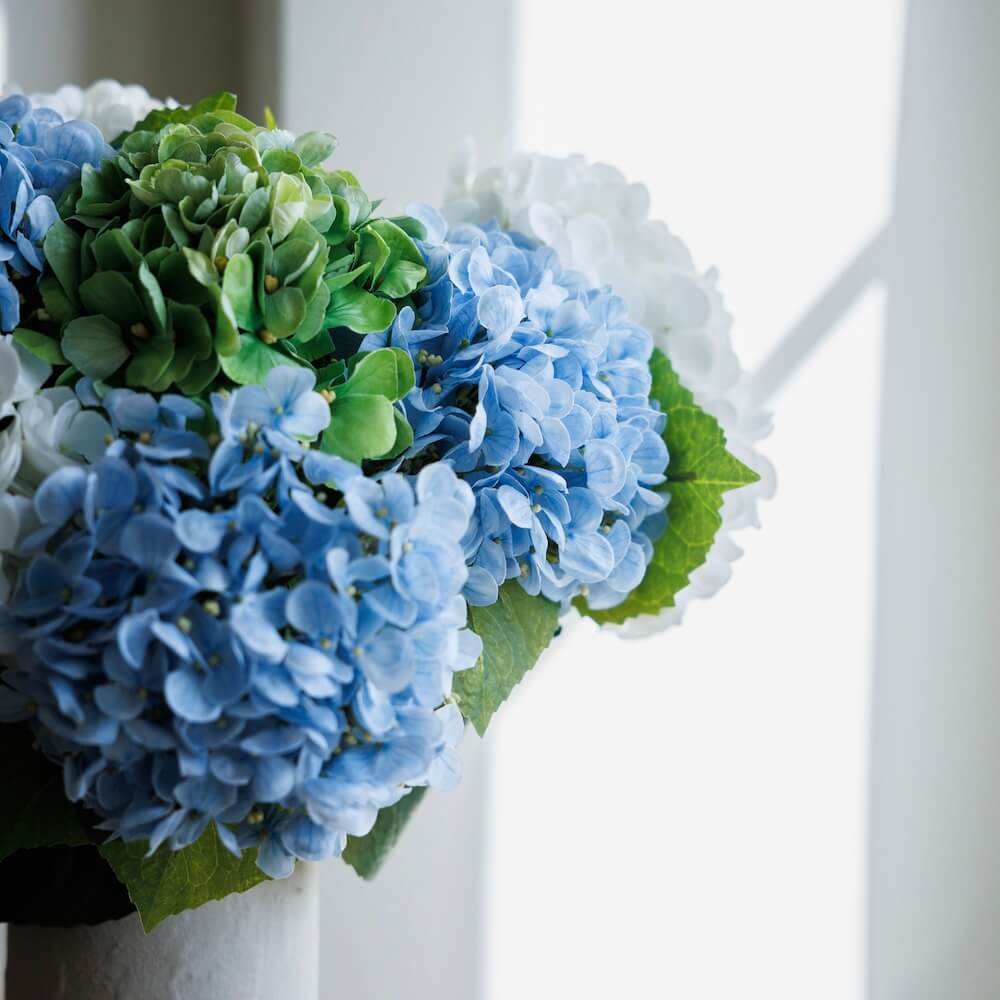 Flowrette hortensias bouquet fleurs artificielles bleu vert blanc