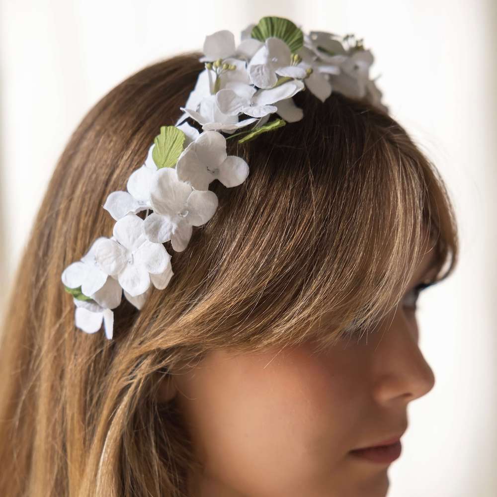 Flowrette Serre tête fleur papier blanc vert taille M mariage