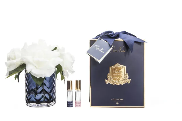Côte Noire Herringbone fleurs roses blanches HCF04 bleu