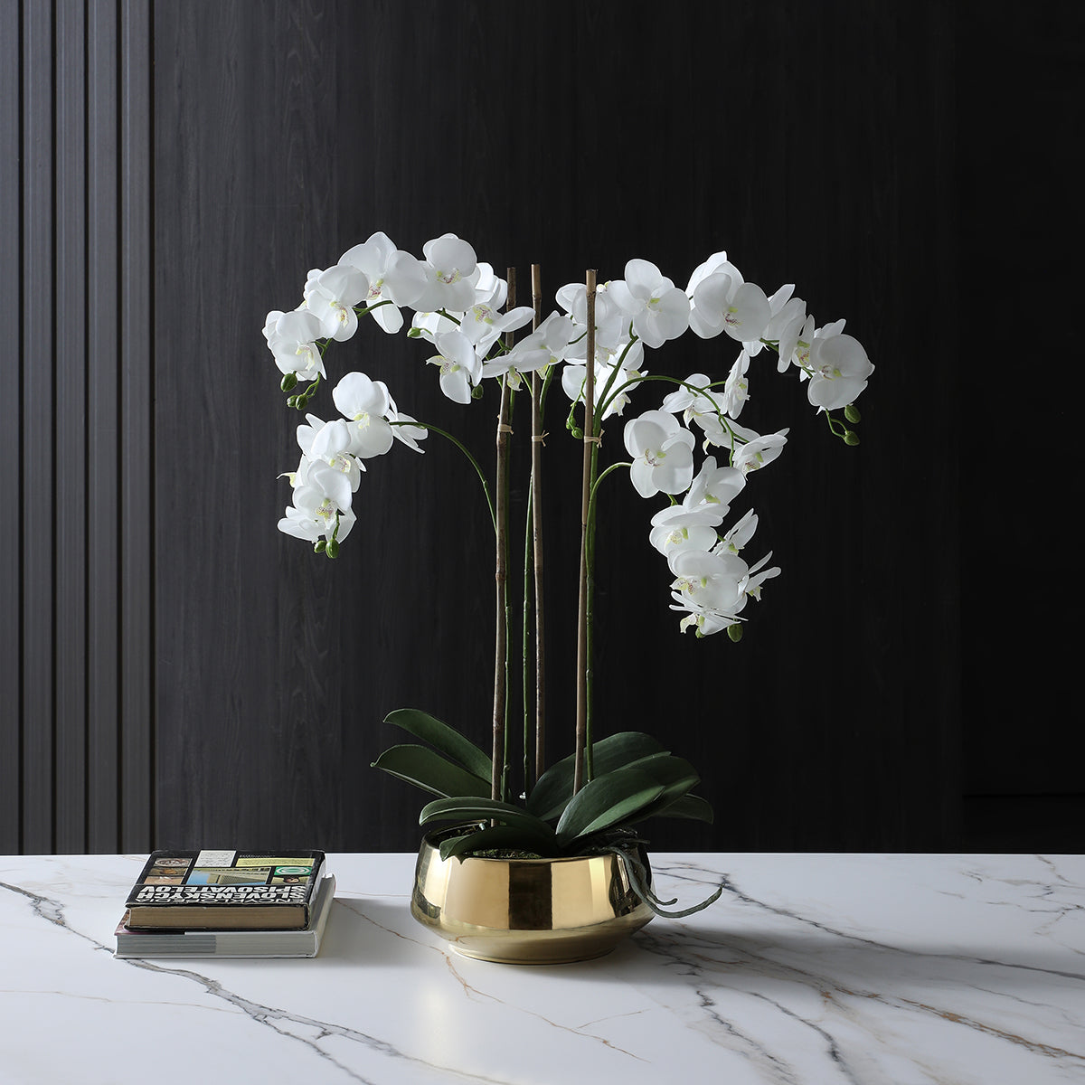 Sia Lena composition orchidée artificielle blanc vase doré