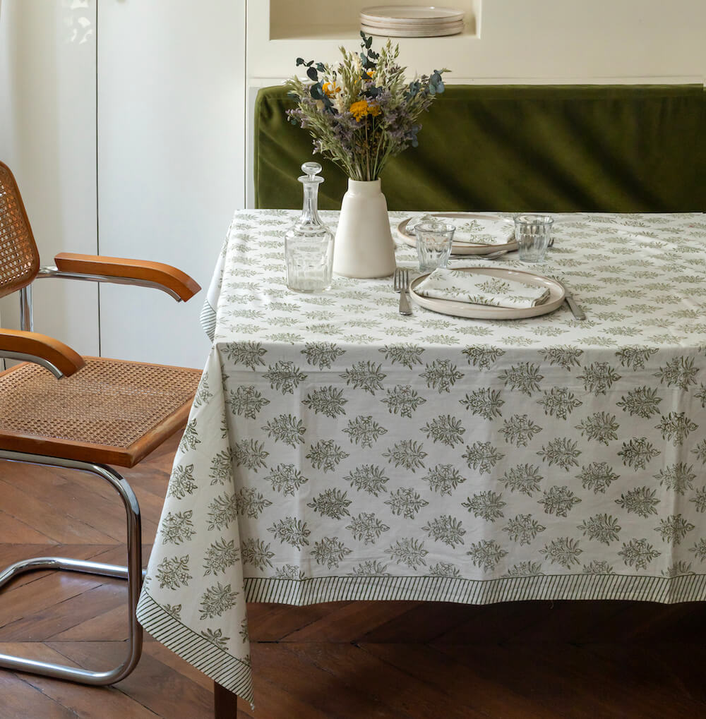 Flowrette Bally nappe coton 150x220 kaki blanc cassé