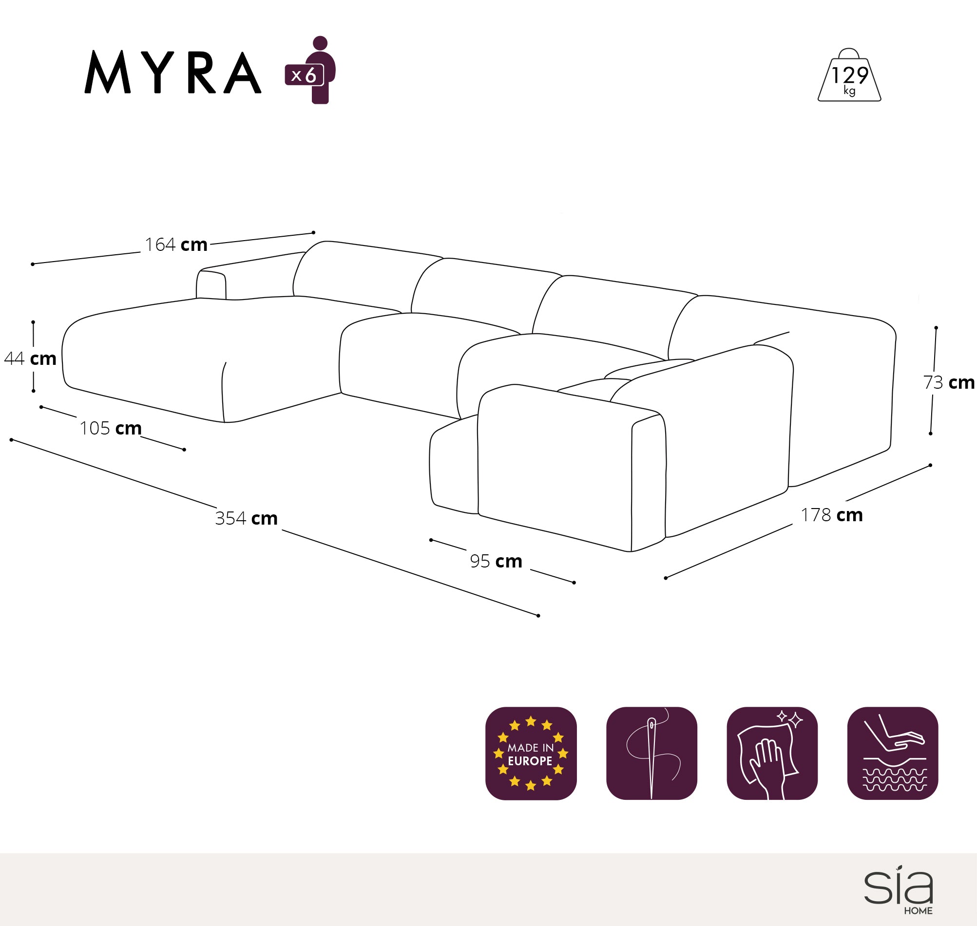 Sia Home Myra canapé panoramique gauche 5 places crème