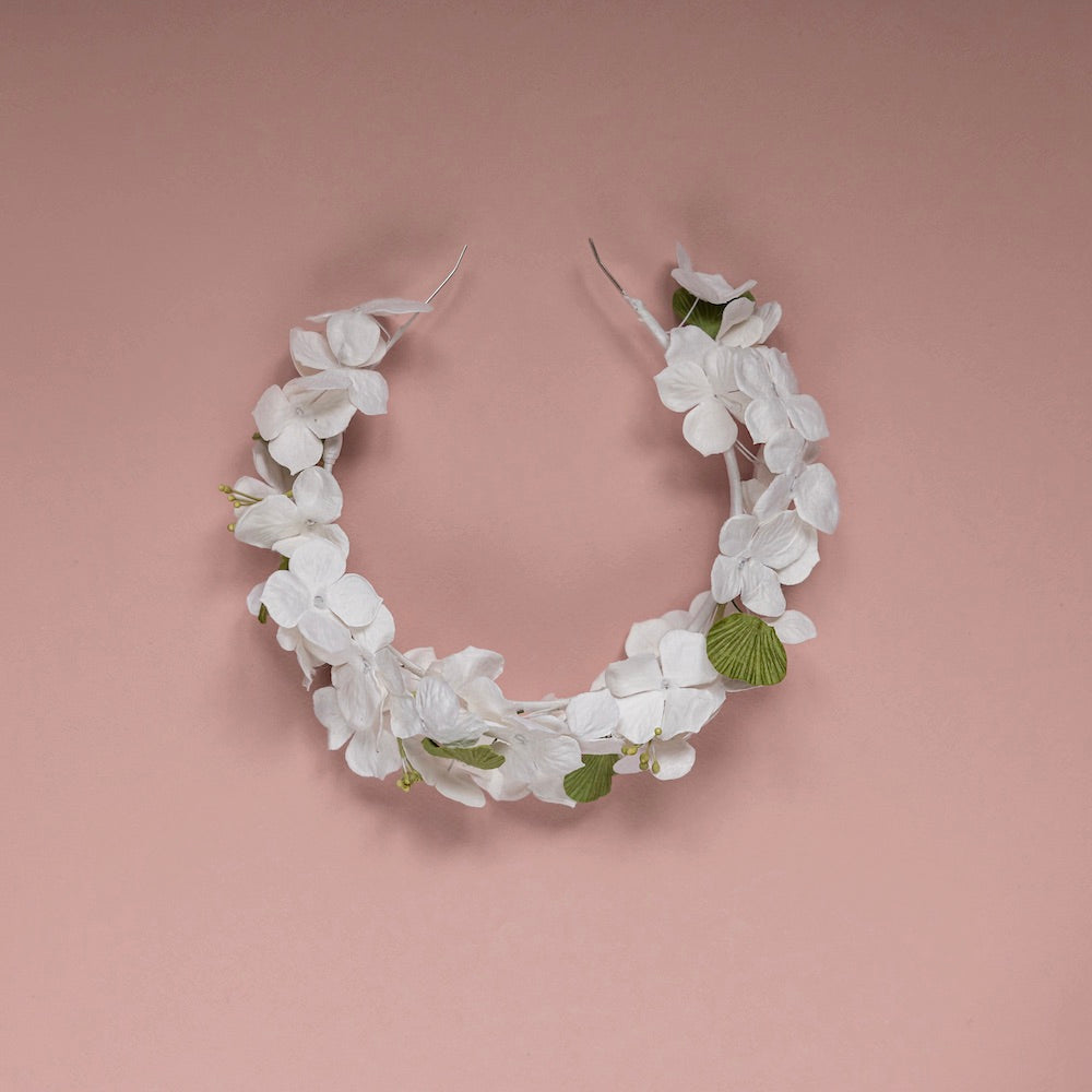 Flowrette Serre tête fleur papier blanc vert taille M mariage