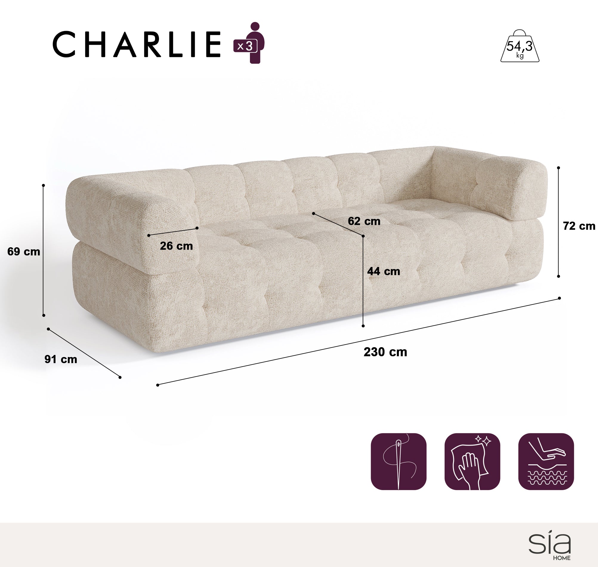 Sia Home Charlie Canapé droit crème 230 cm