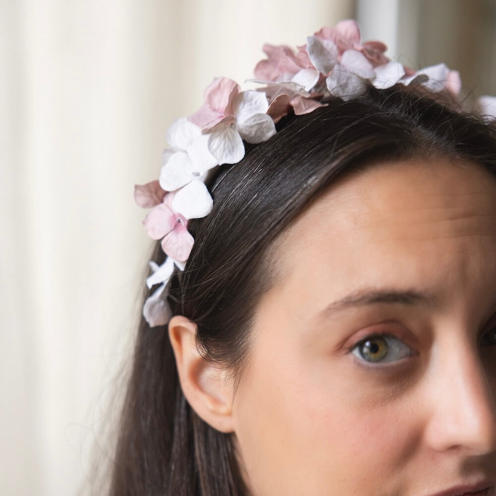 Flowrette serre-tête papier blanc rose S mariage