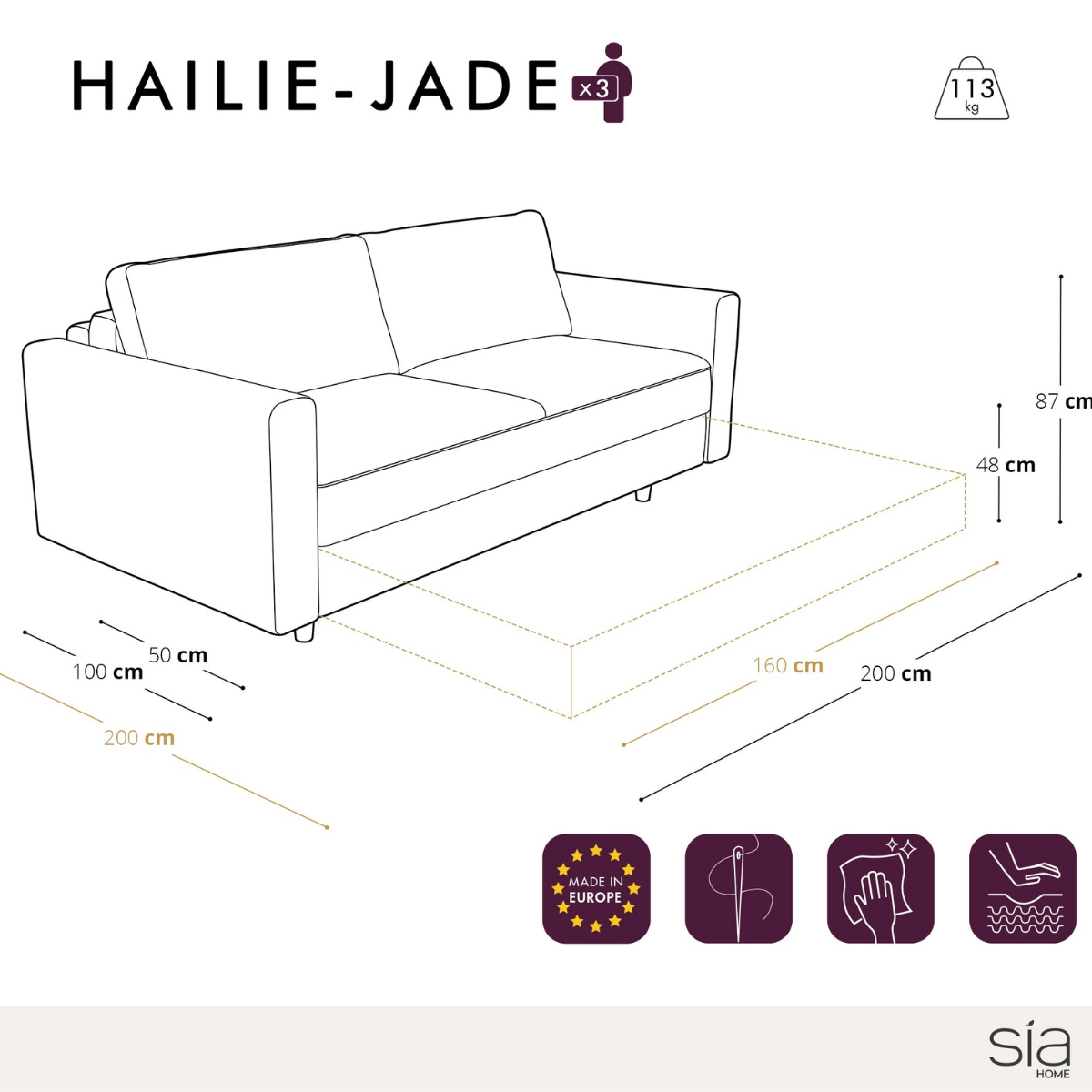 Sia Home Hailie-Jade canapé convertible beige 160 cm