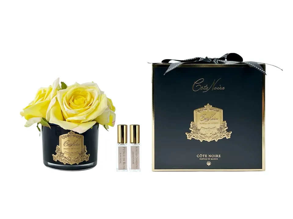 Côte Noire 5 roses artificielles jaunes coffret noir parfumées