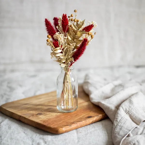 Flowrette petit bouquet Noël rouge or avec vase verre