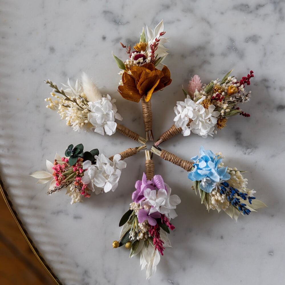 Flowrette Andréa boutonnière mariage fleurs séchées
