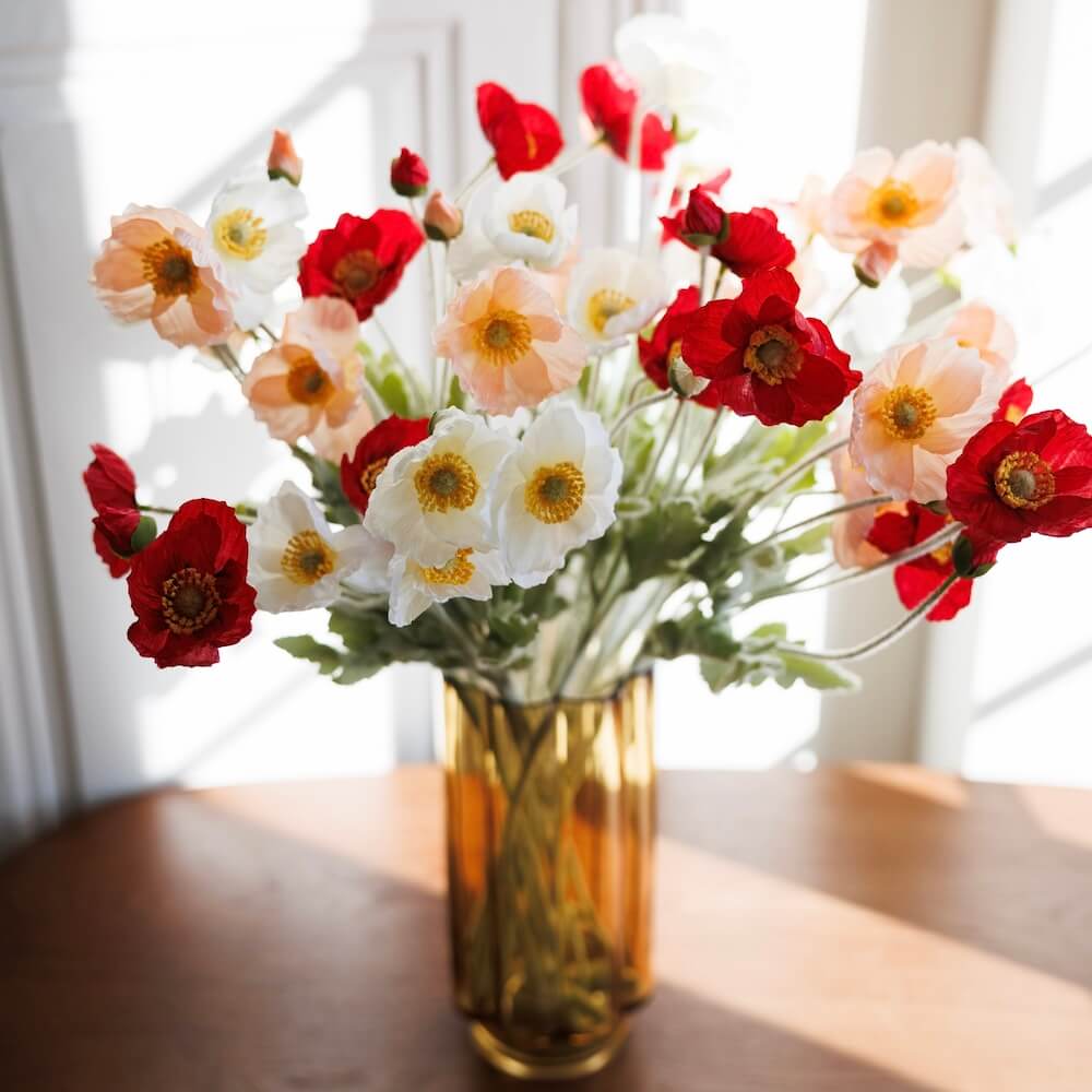 Flowrette Pavots bouquet artificiel corail rouge blanc