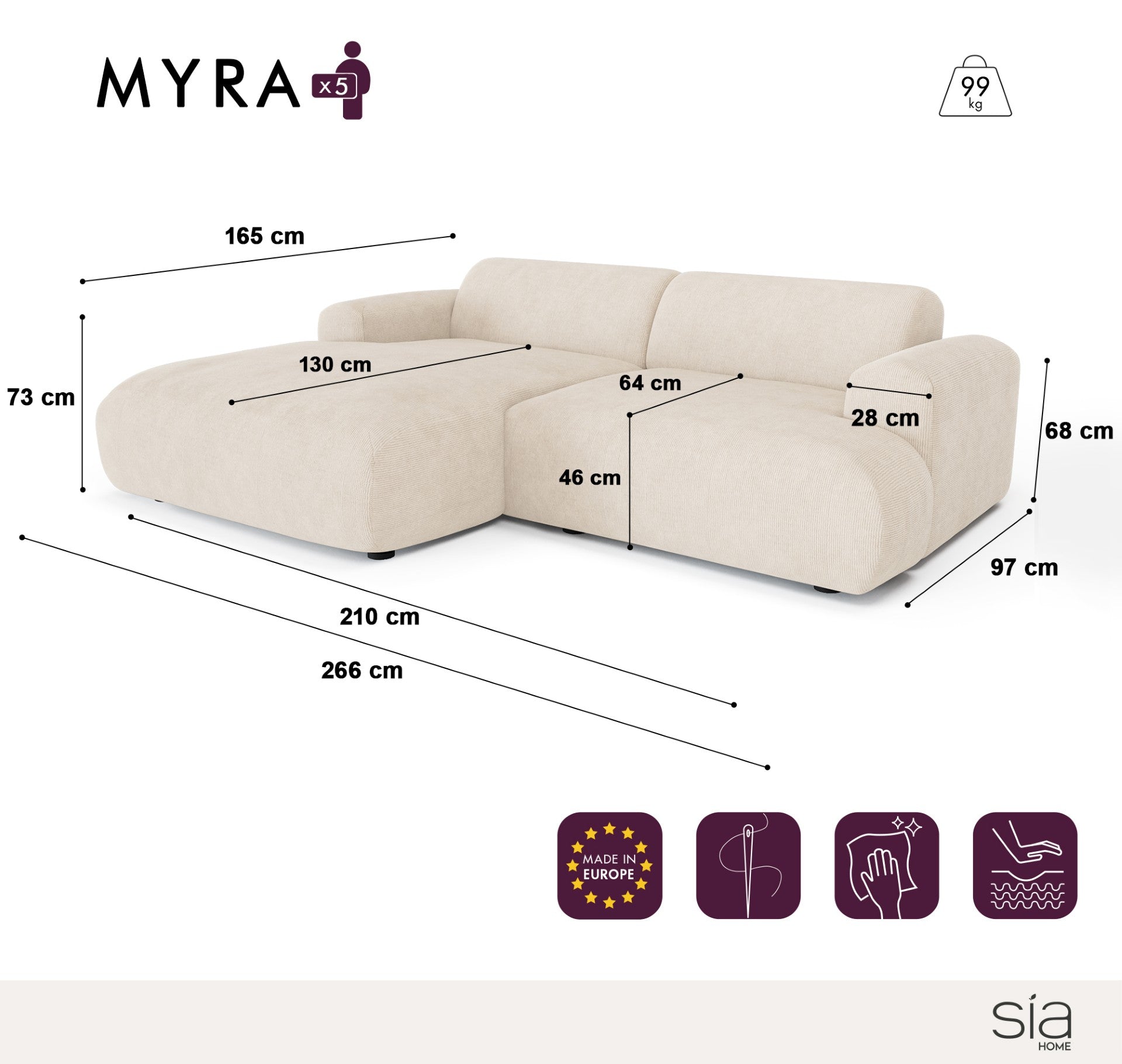 Sia Home Myra canapé angle gauche vert olive 5 places