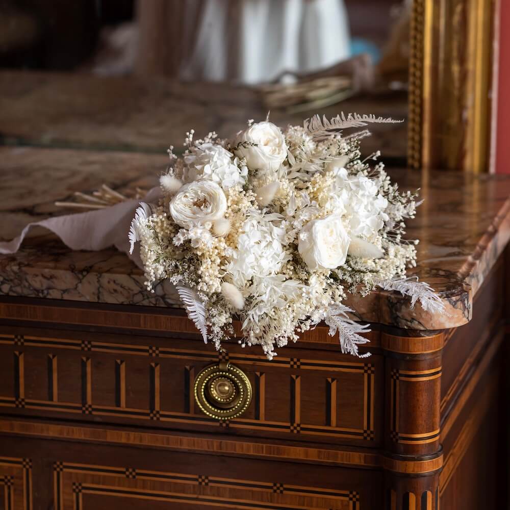 Flowrette Louise bouquet mariée fleurs séchées ruban lin