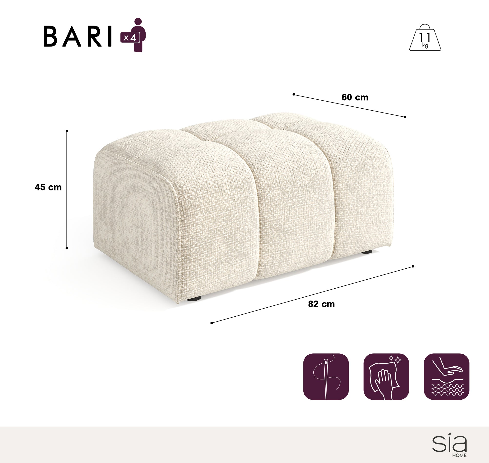 Sia Home Bari pouf capitonné crème