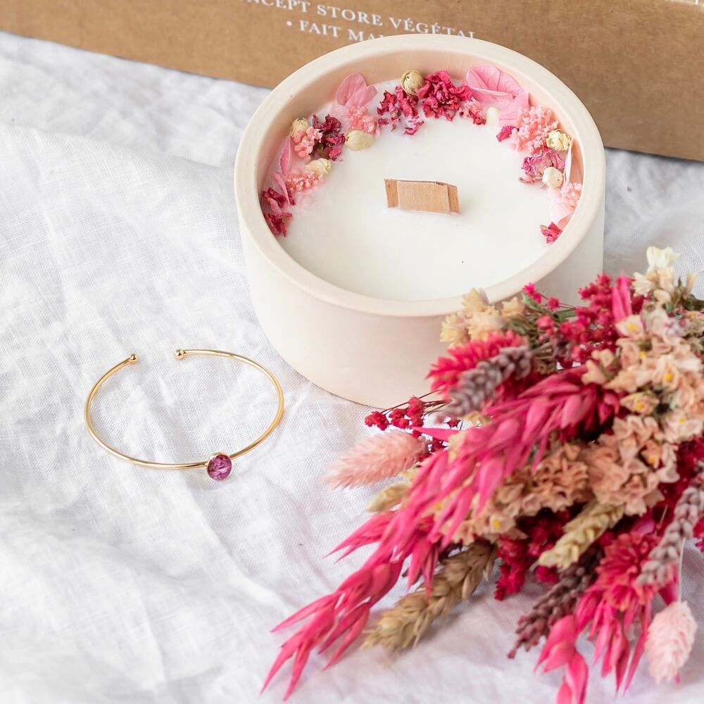 Flowrette Coffret charmant bougie bracelet bouquet fleurs séchées