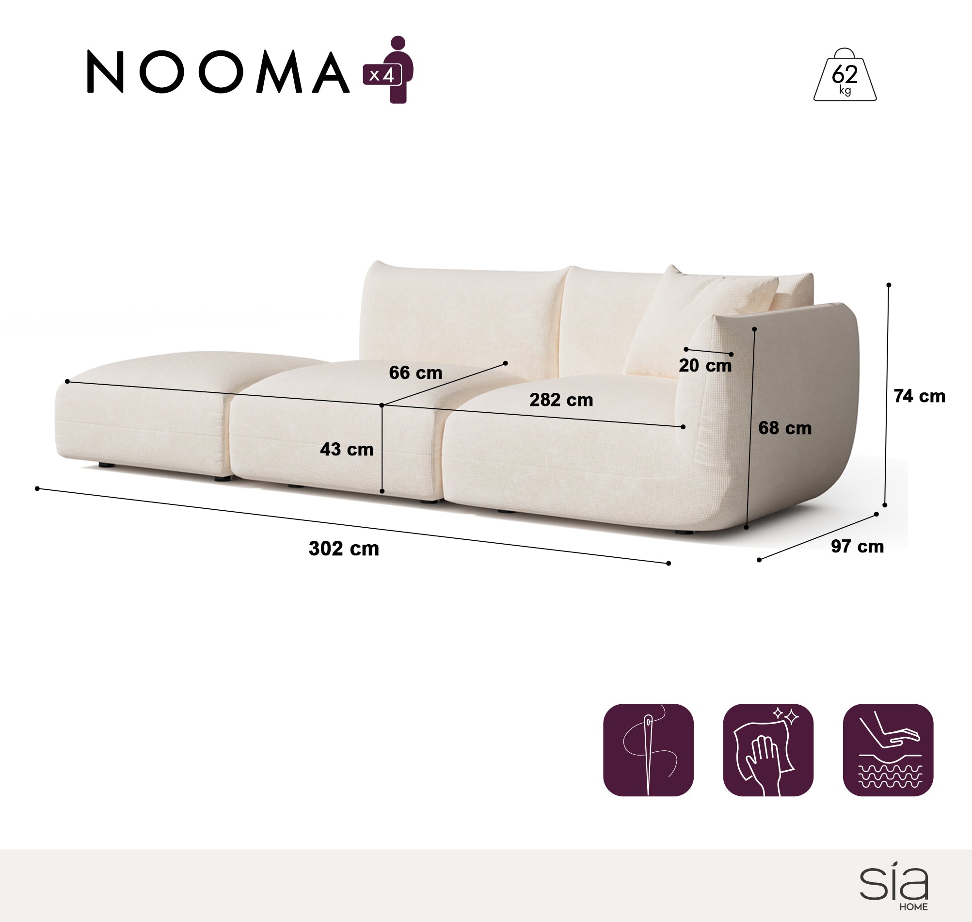 Sia Nooma canapé modulable droit 4-5 places