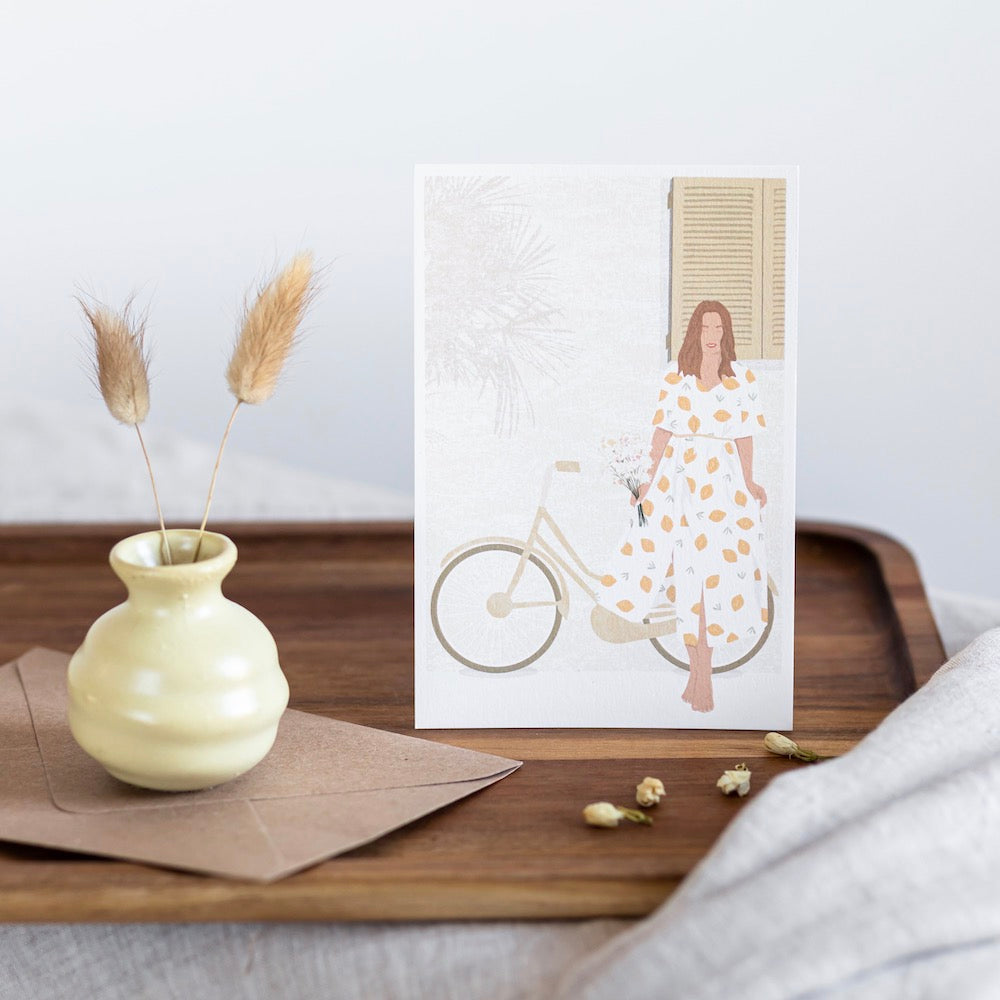 Flowrette Décoration Carte Femme au Vélo pastel