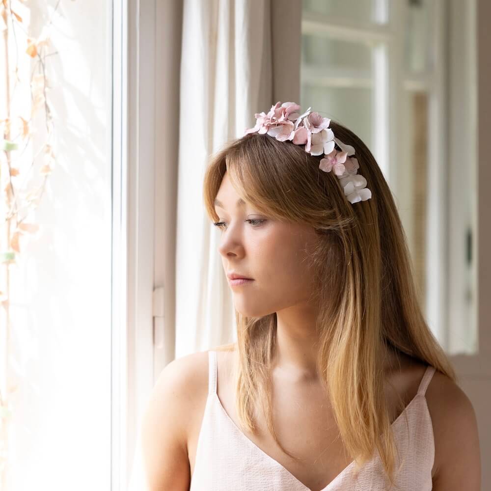 Flowrette serre-tête papier blanc rose S mariage
