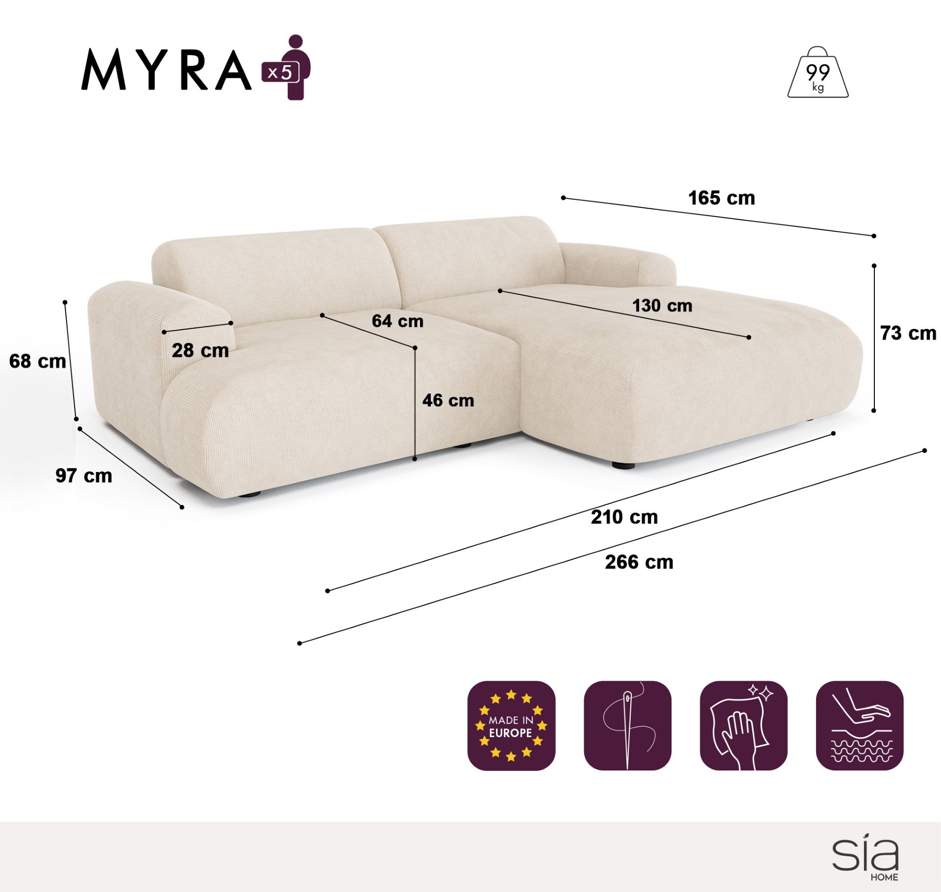 Sia Home Myra Petit Angle Droit canapé 5 places vert émeraude
