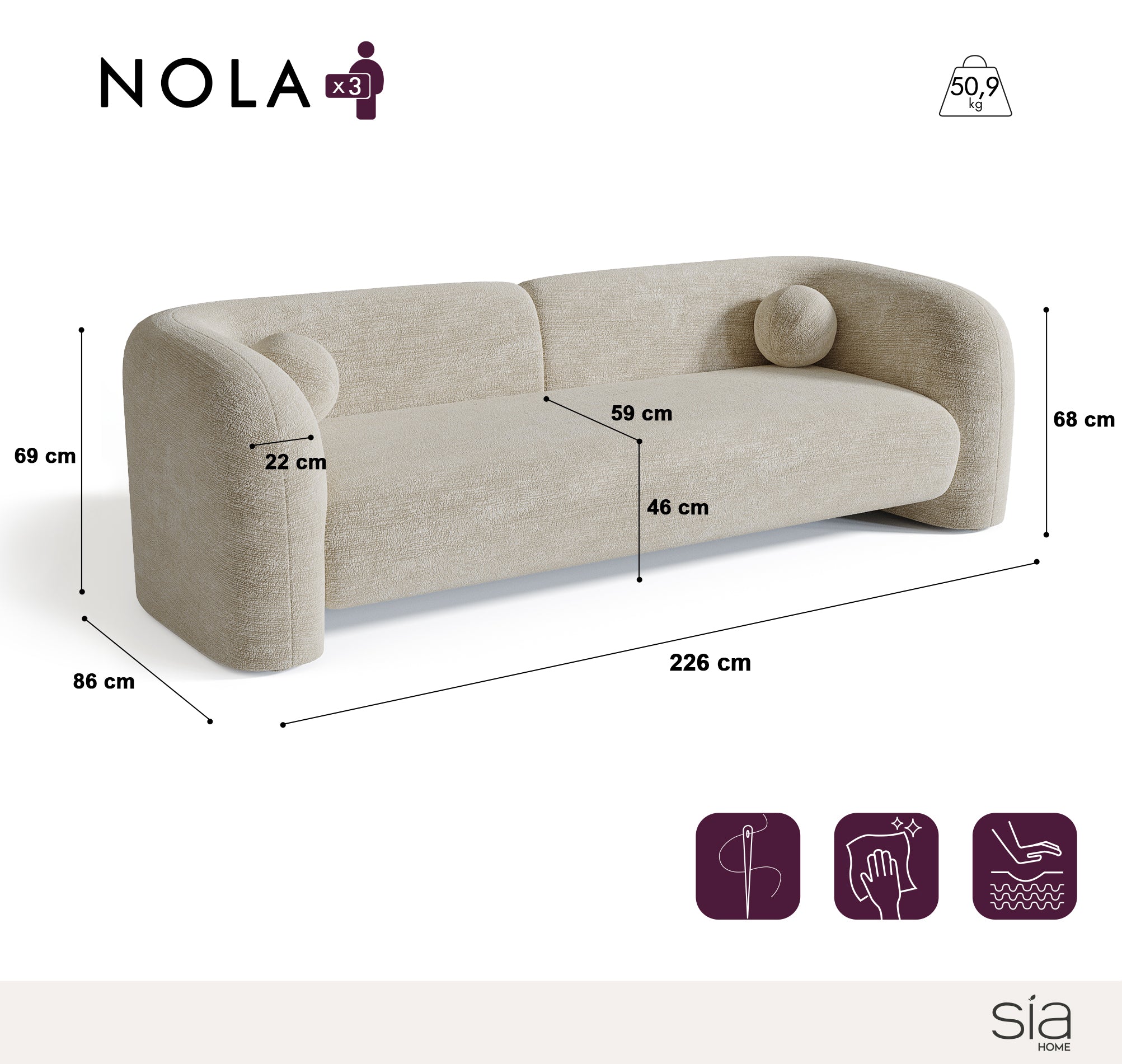 Sia Home Nola canapé crème coussins boules